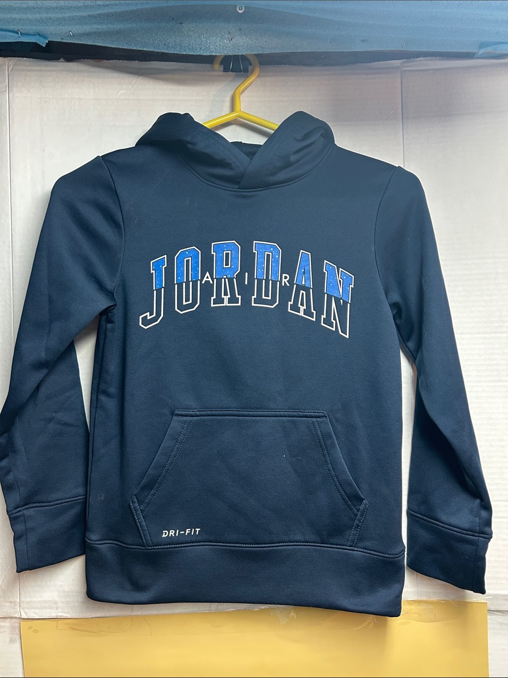 Jordan Navy Blue Kids' Hooded Sweatshirt with Blue Lettering Size small 8-10 Y